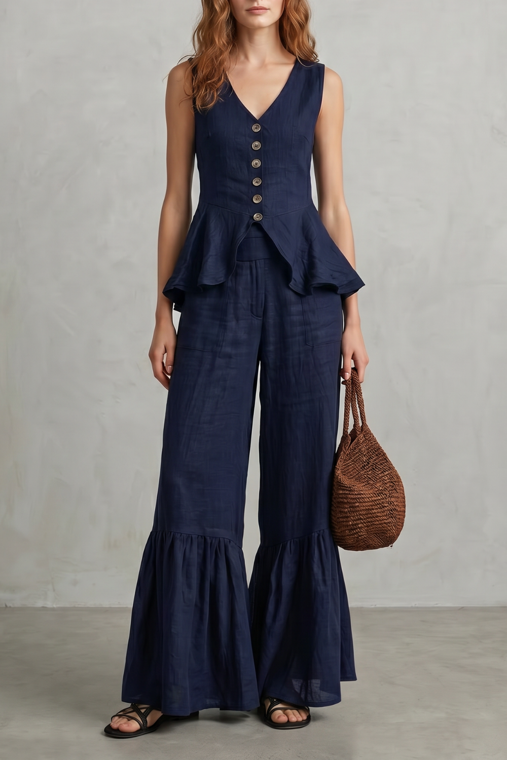 Solivette – Elegância de resort com babados – Conjunto de calças