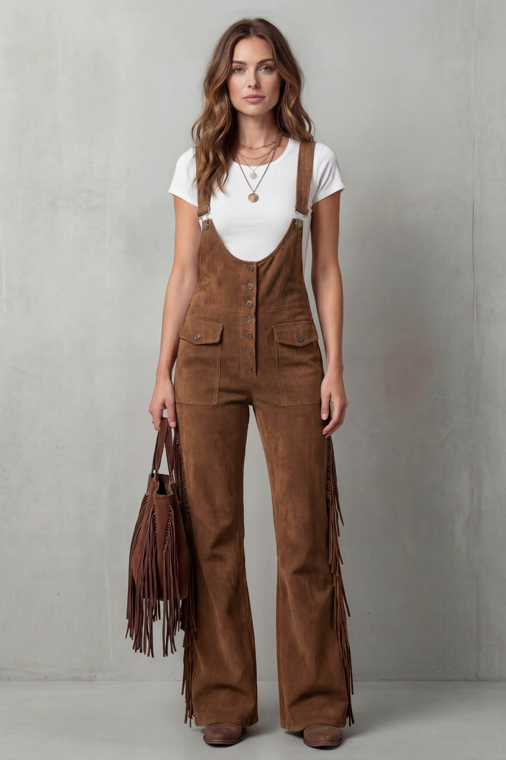Valnera – Detalhe de franjas estilo western – Macacão flare