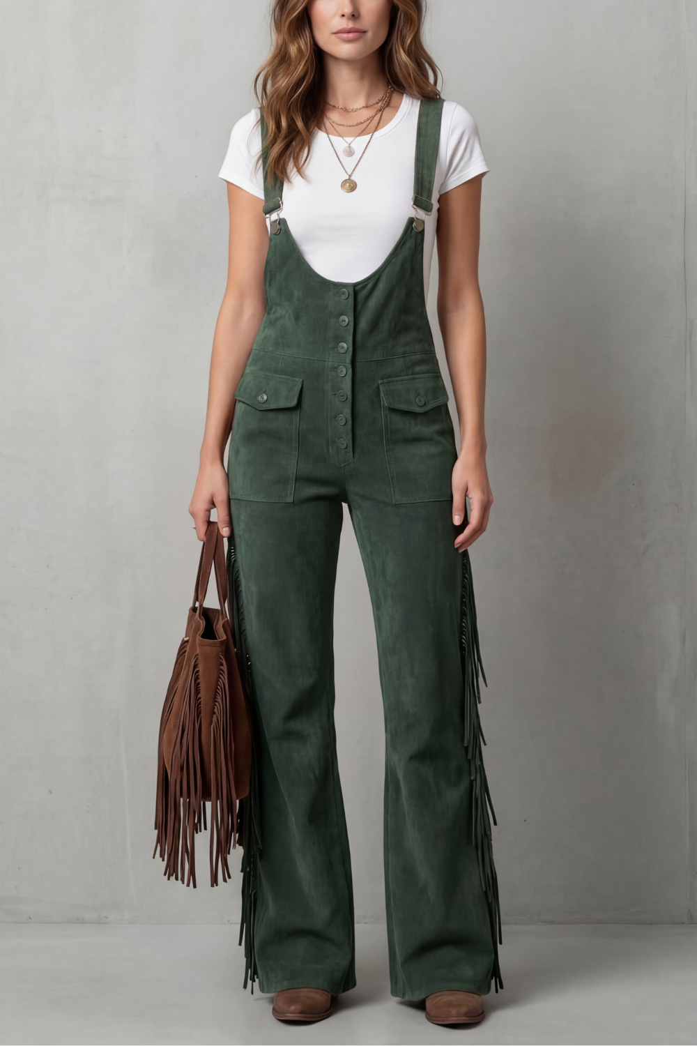 Valnera – Detalhe de franjas estilo western – Macacão flare