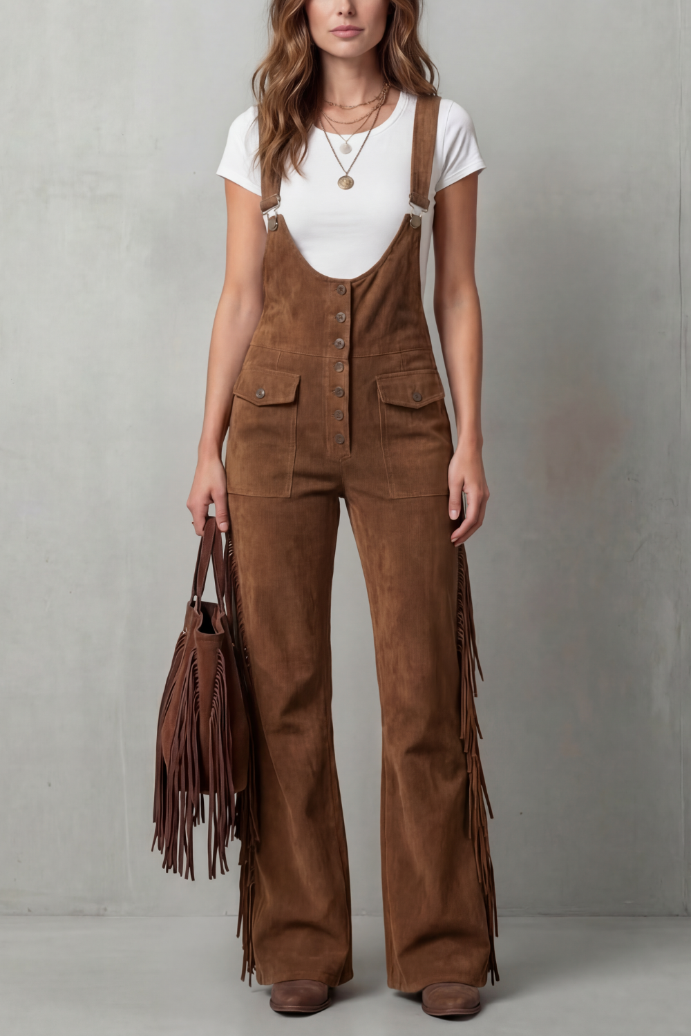 Valnera – Detalhe de franjas estilo western – Macacão flare