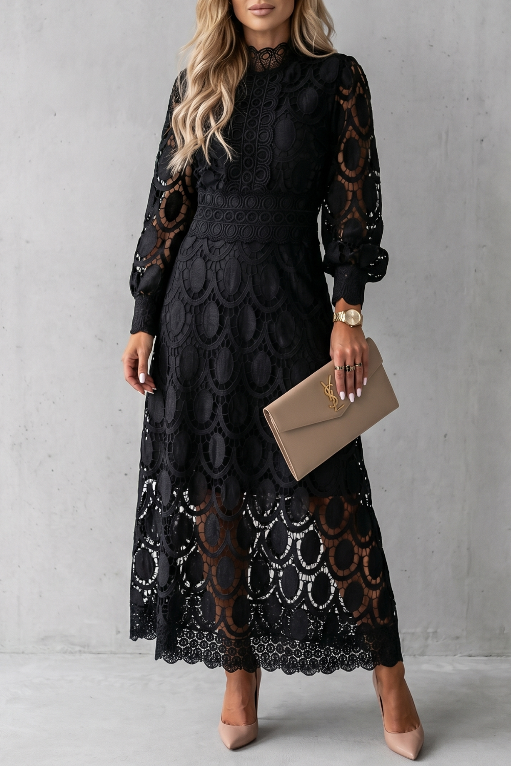 Velmira – Elegância intrincada em renda – Vestido midi