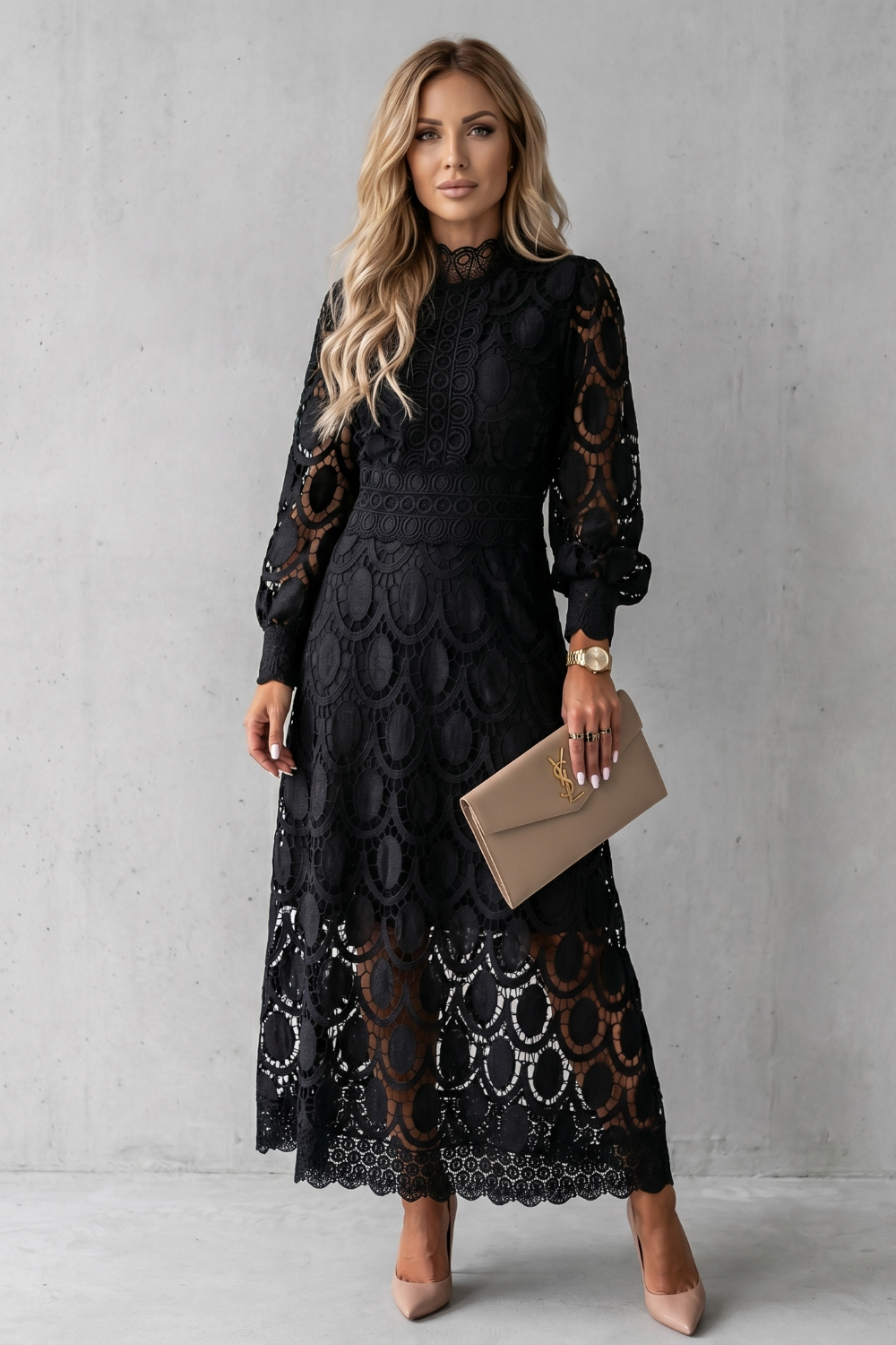 Velmira – Elegância intrincada em renda – Vestido midi