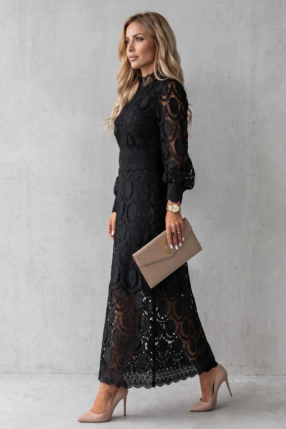 Velmira – Elegância intrincada em renda – Vestido midi
