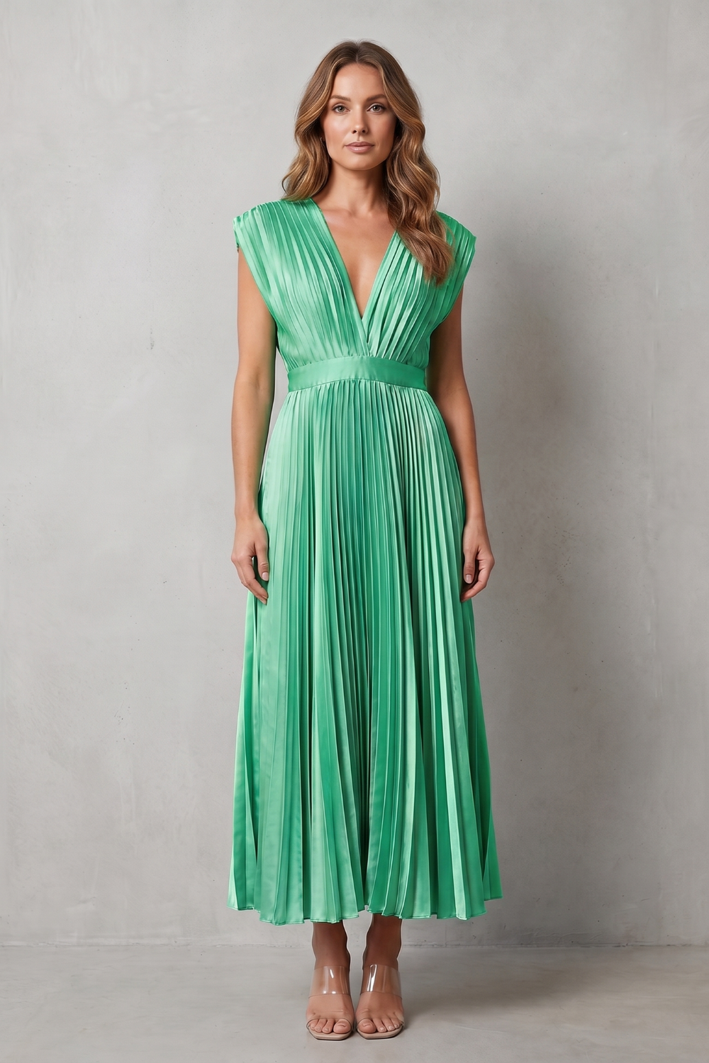Veloria – Elegância plissada e fluida – Vestido midi