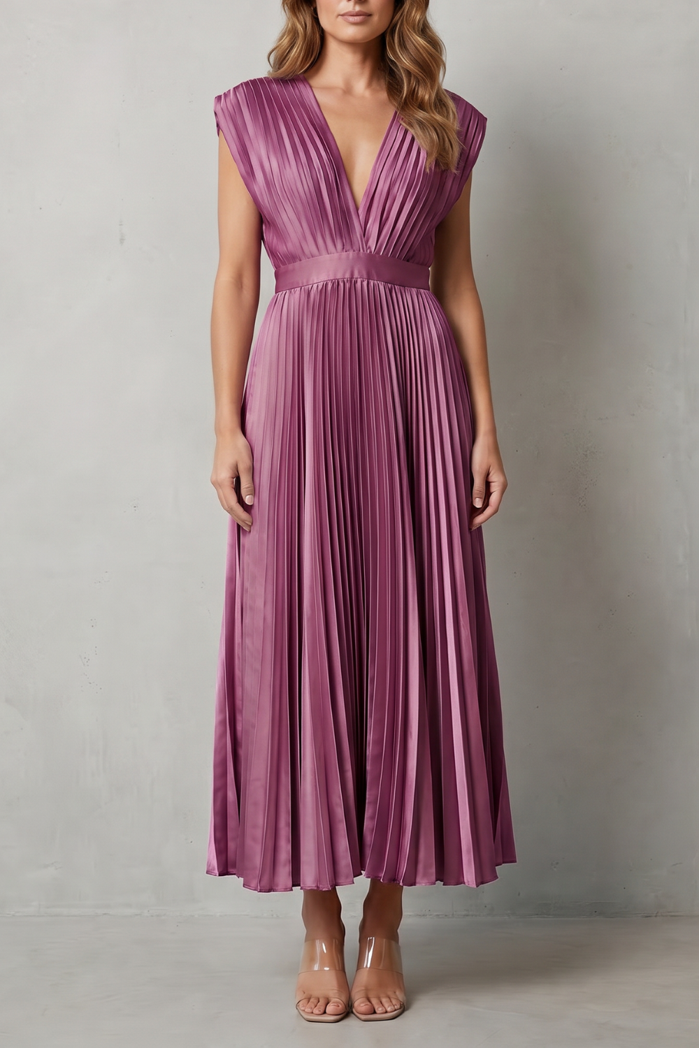 Veloria – Elegância plissada e fluida – Vestido midi