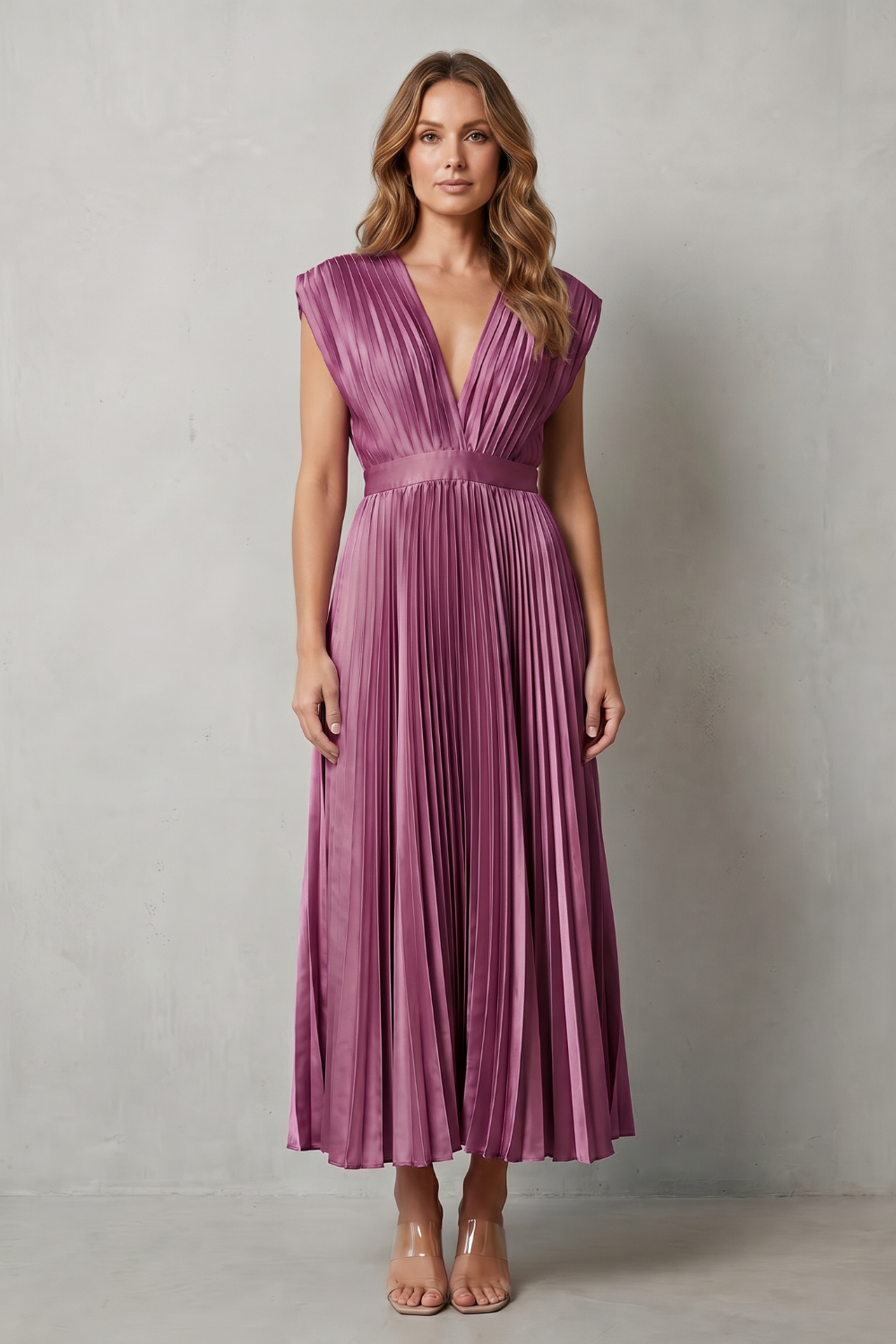 Veloria – Elegância plissada e fluida – Vestido midi