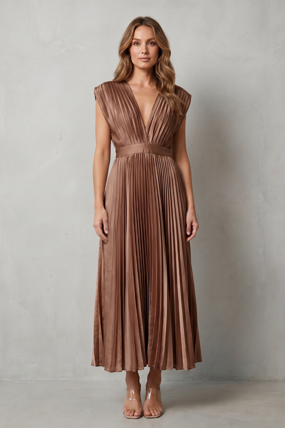 Veloria – Elegância plissada e fluida – Vestido midi