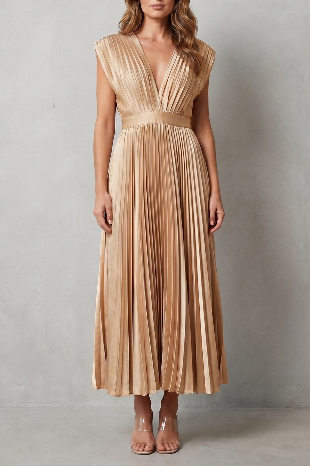 Veloria – Elegância plissada e fluida – Vestido midi