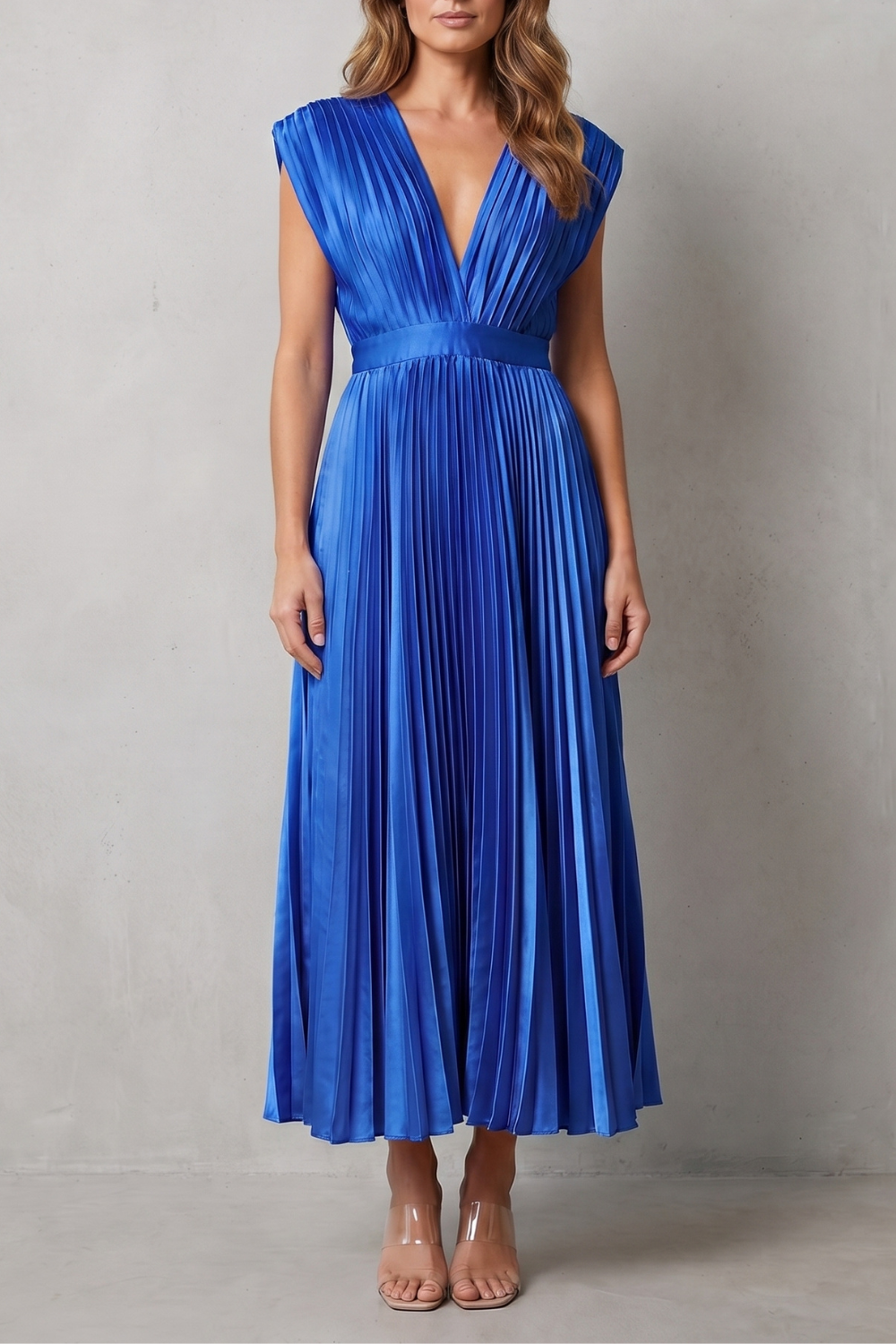 Veloria – Elegância plissada e fluida – Vestido midi
