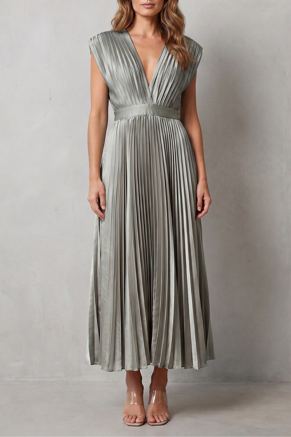 Veloria – Elegância plissada e fluida – Vestido midi