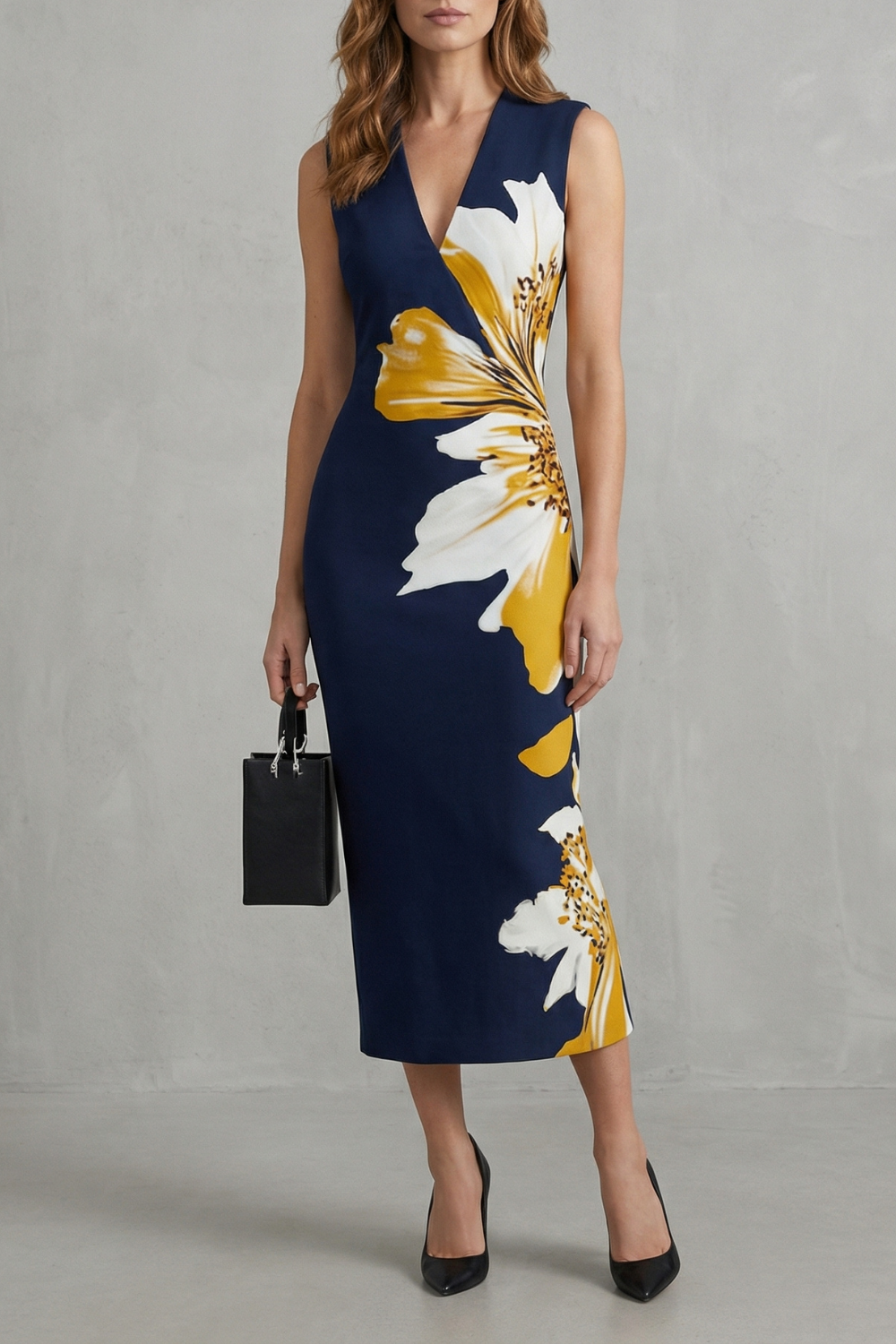 Veloura – Contraste floral marcante – Vestido midi