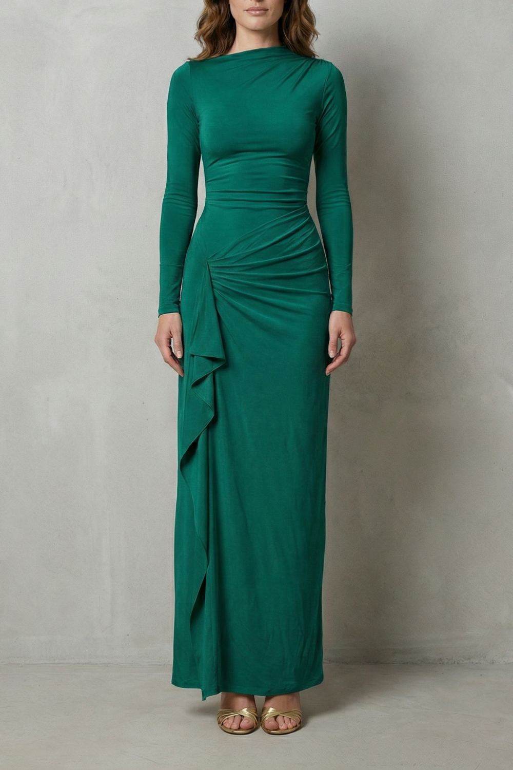 Veneta – Drapeado lateral esculpido – Vestido longo de manga comprida