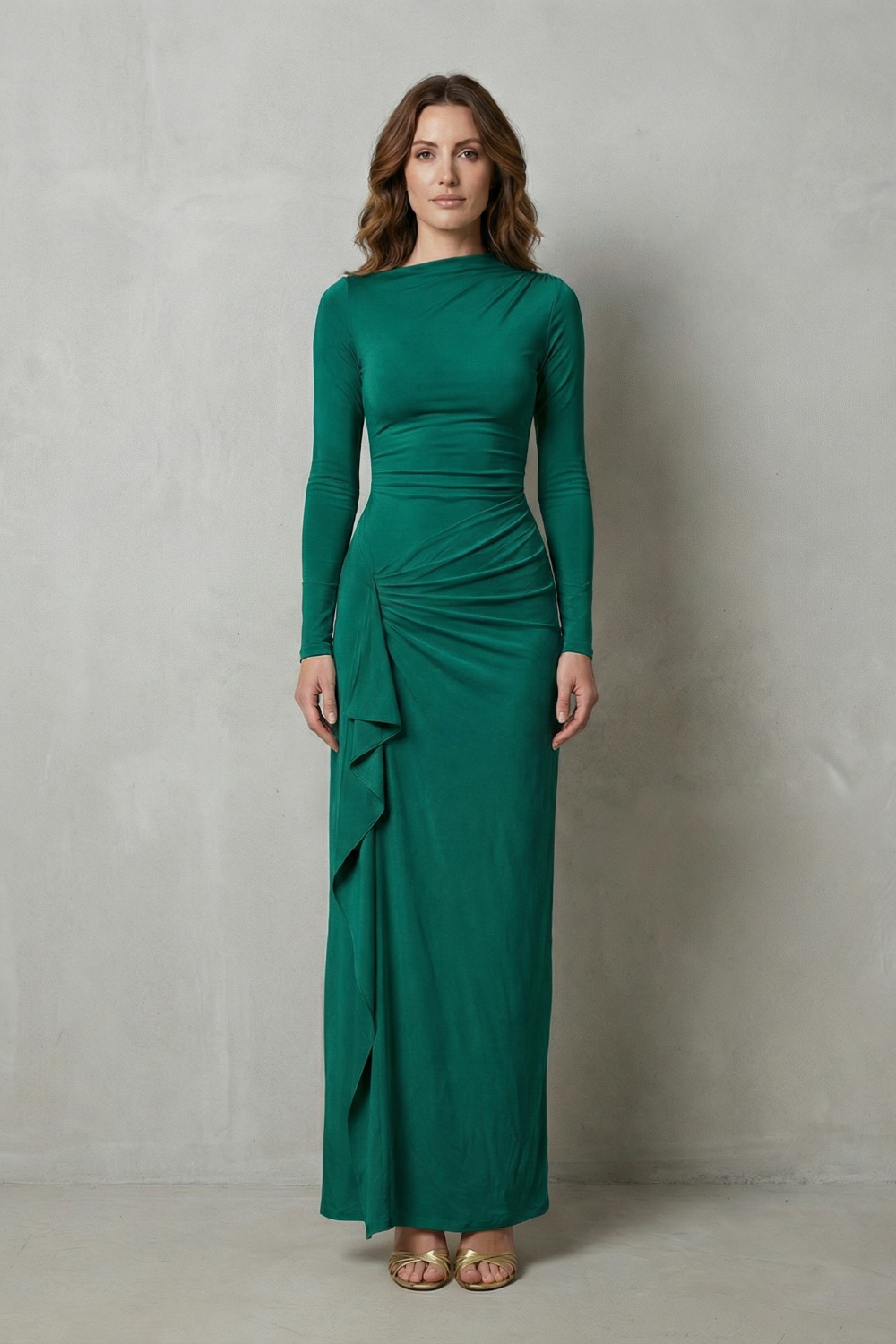 Veneta – Drapeado lateral esculpido – Vestido longo de manga comprida