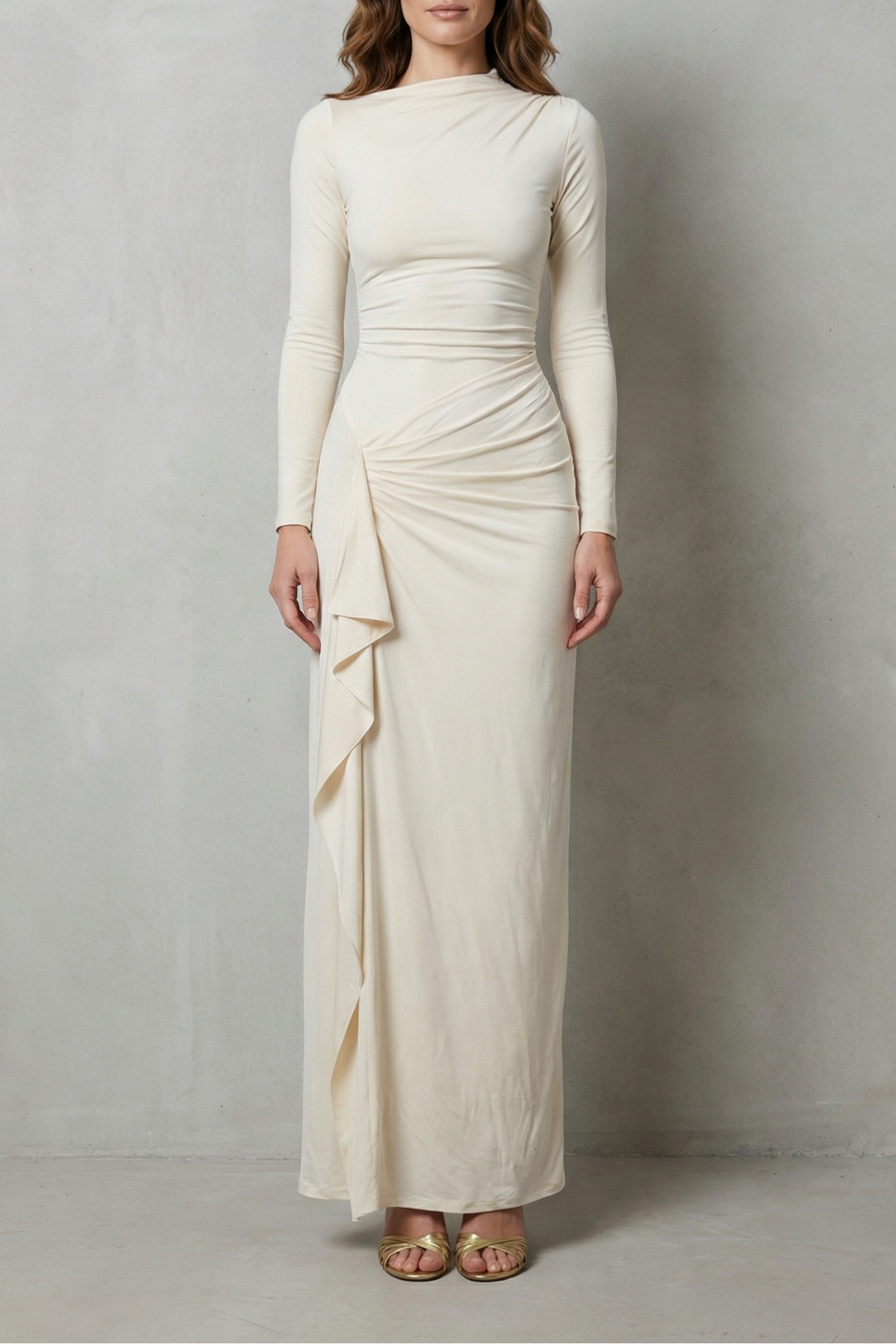 Veneta – Drapeado lateral esculpido – Vestido longo de manga comprida