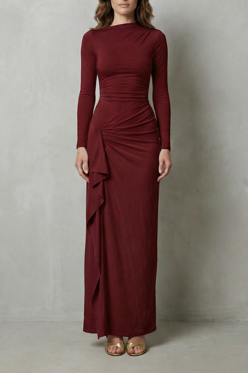 Veneta – Drapeado lateral esculpido – Vestido longo de manga comprida