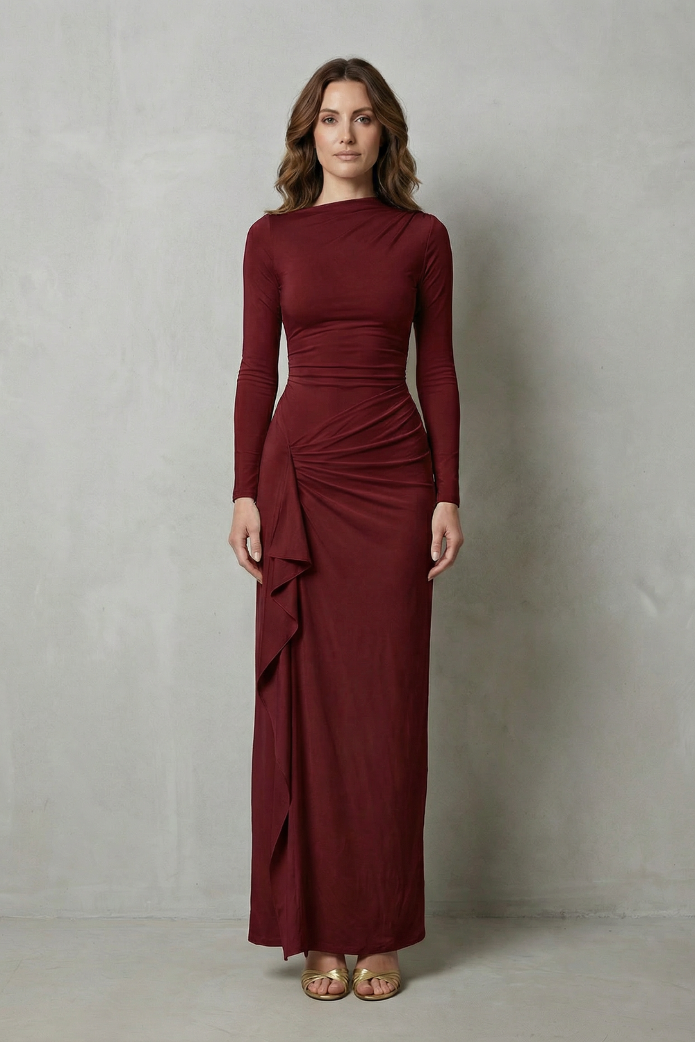 Veneta – Drapeado lateral esculpido – Vestido longo de manga comprida