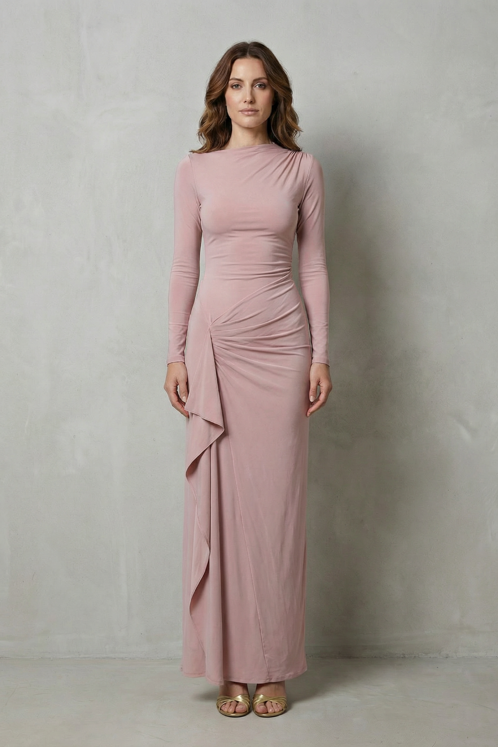 Veneta – Drapeado lateral esculpido – Vestido longo de manga comprida