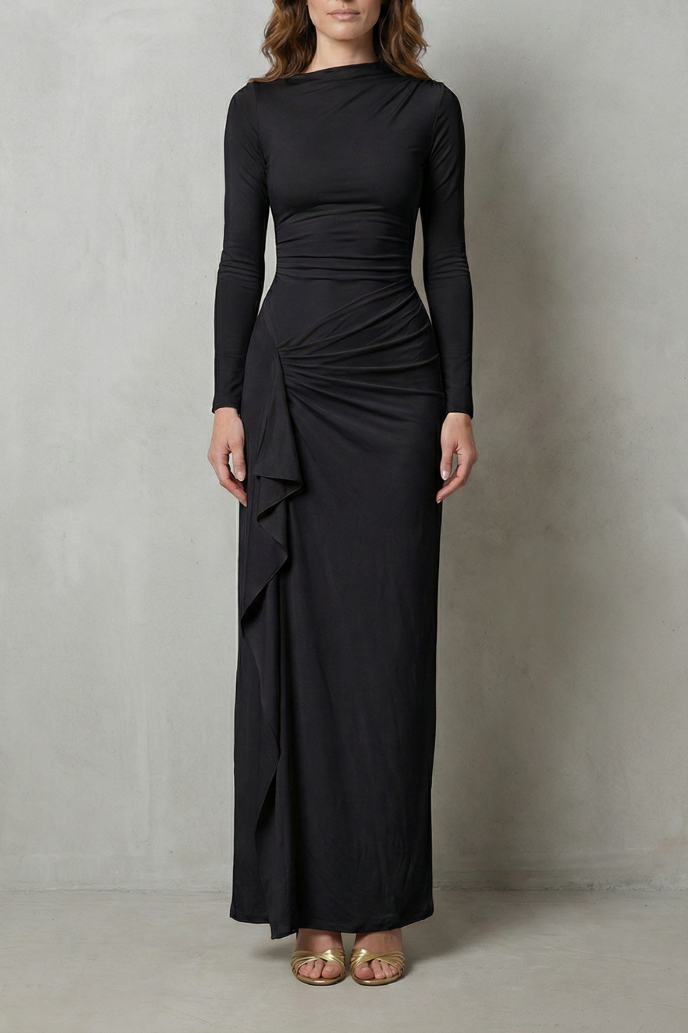 Veneta – Drapeado lateral esculpido – Vestido longo de manga comprida
