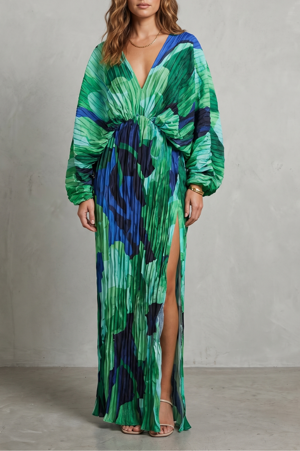 Verdanova – Charme de quimono plissado – Vestido longo