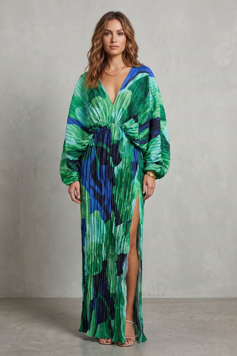 Verdanova – Charme de quimono plissado – Vestido longo