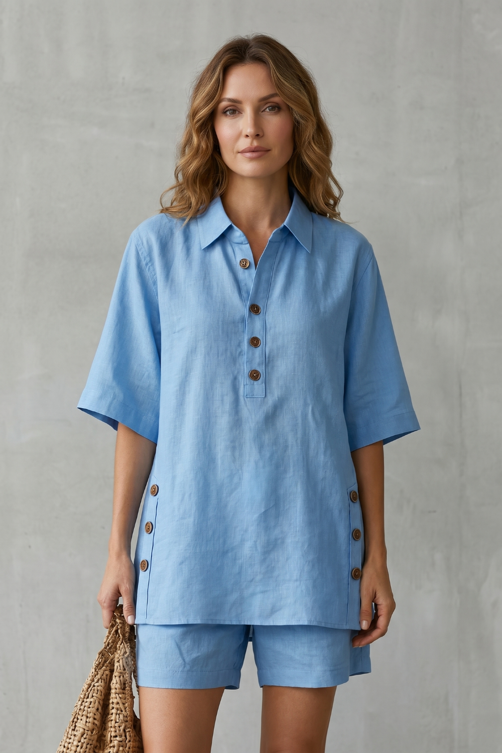 Verdelia – Conforto amplo com detalhes de botões – Conjunto com shorts