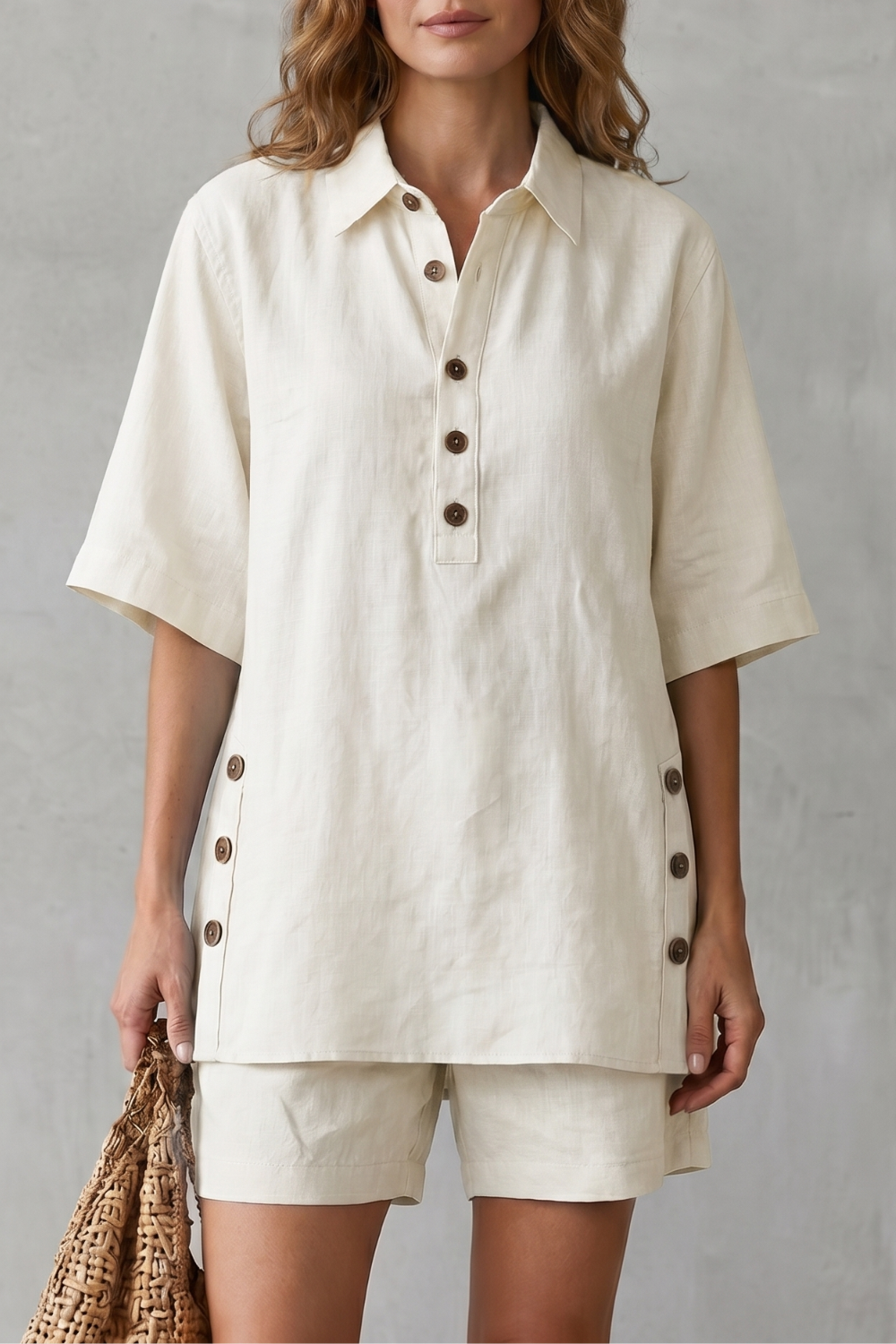 Verdelia – Conforto amplo com detalhes de botões – Conjunto com shorts