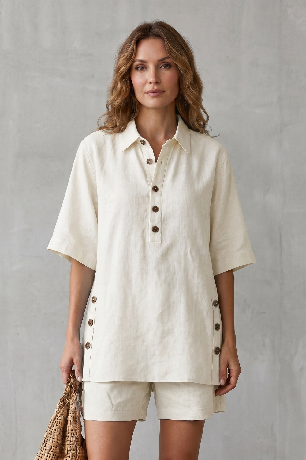 Verdelia – Conforto amplo com detalhes de botões – Conjunto com shorts