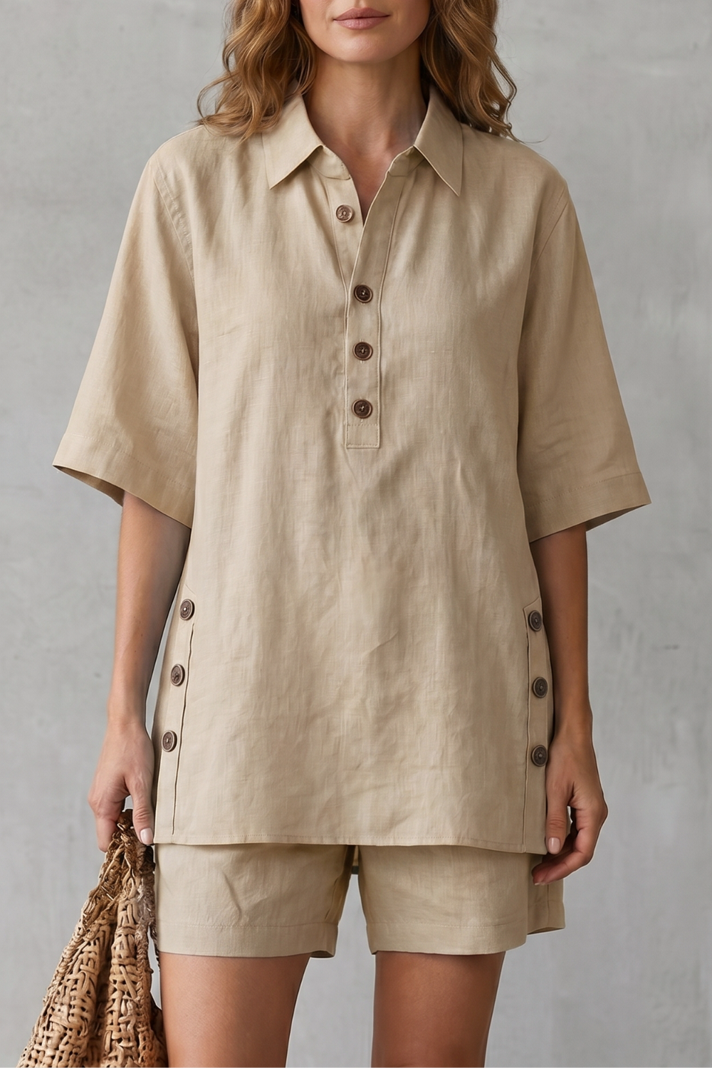 Verdelia – Conforto amplo com detalhes de botões – Conjunto com shorts