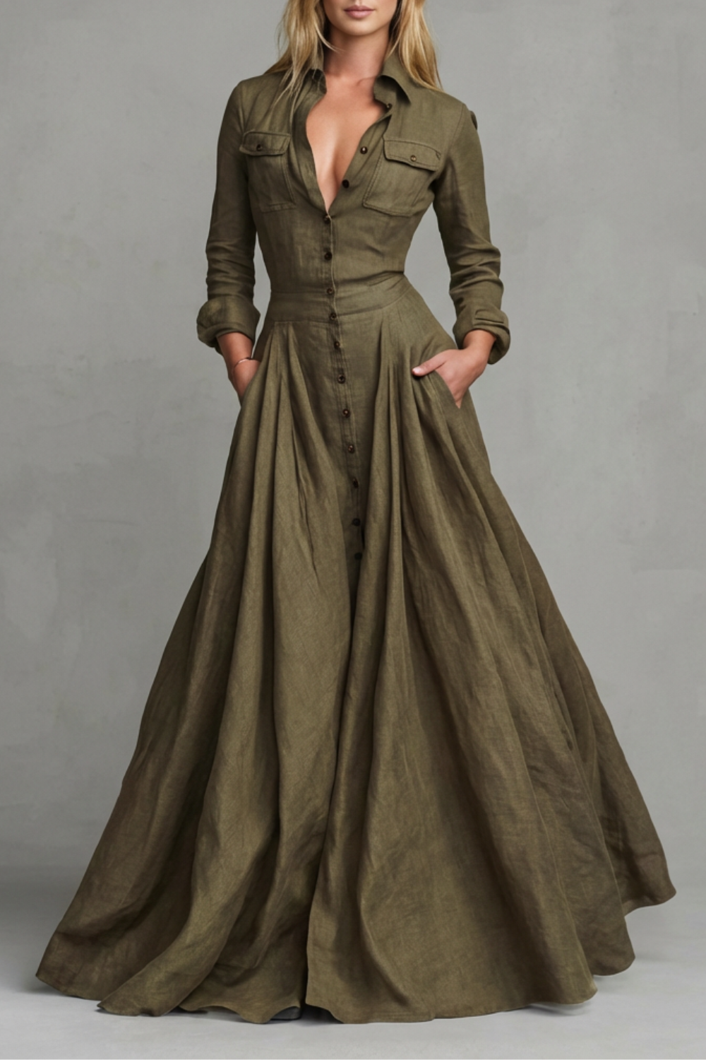 Verona – Vestido Longo com Gola e Manga Longa