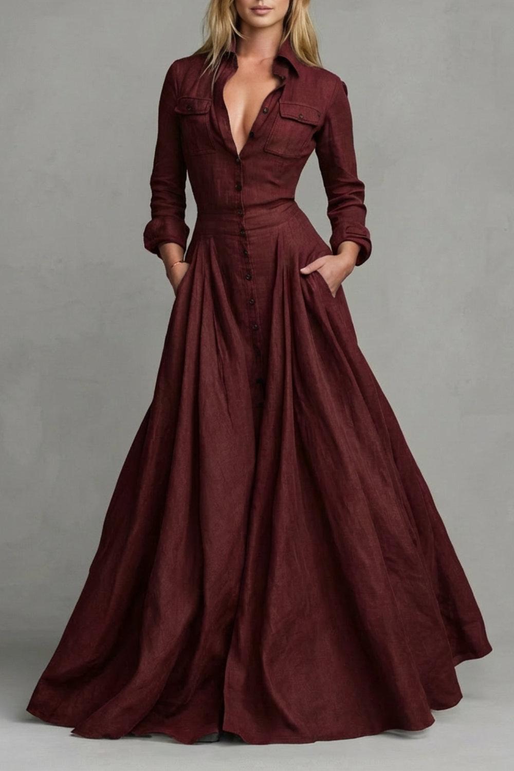 Verona – Vestido Longo com Gola e Manga Longa