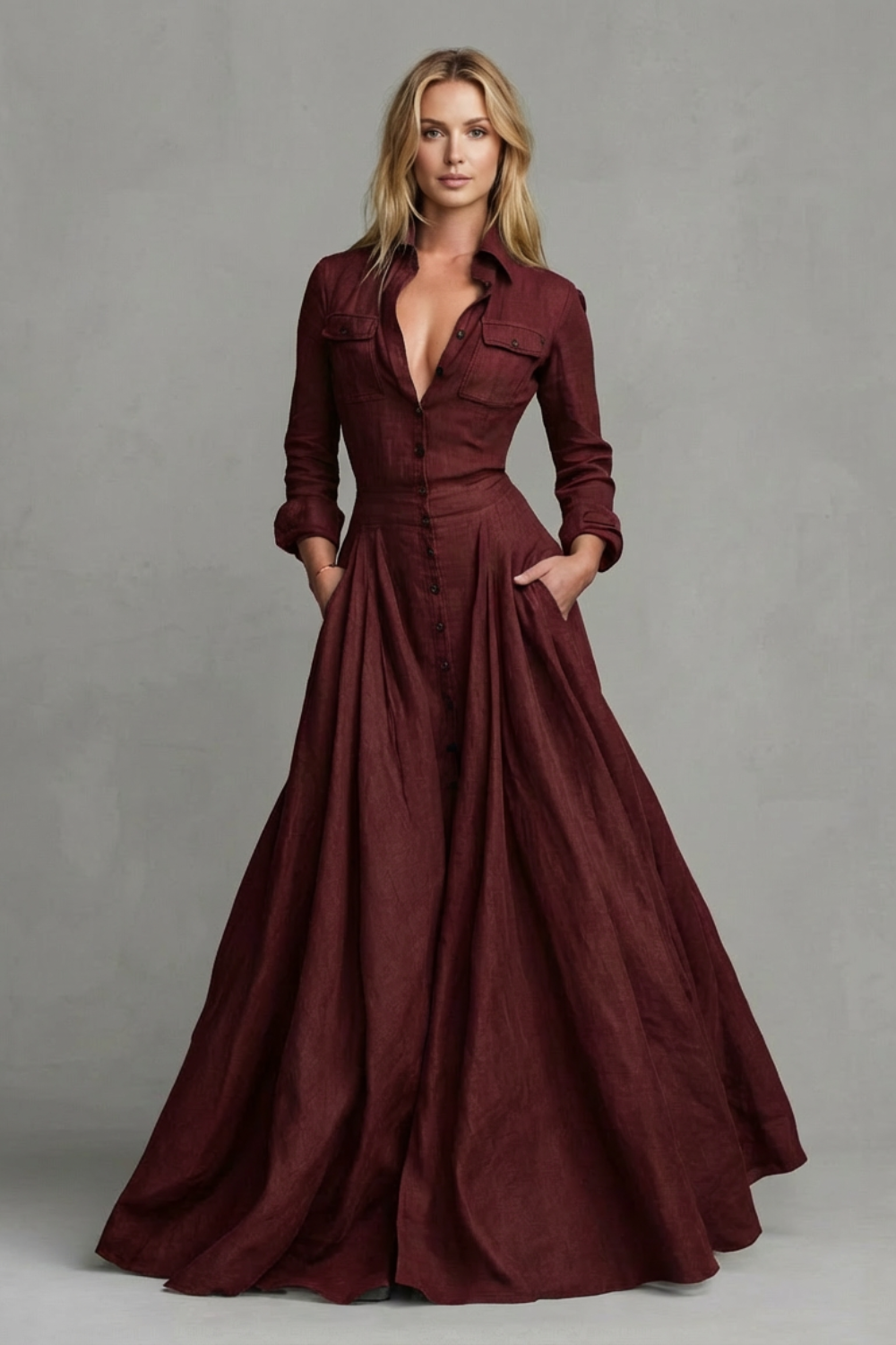 Verona – Vestido Longo com Gola e Manga Longa