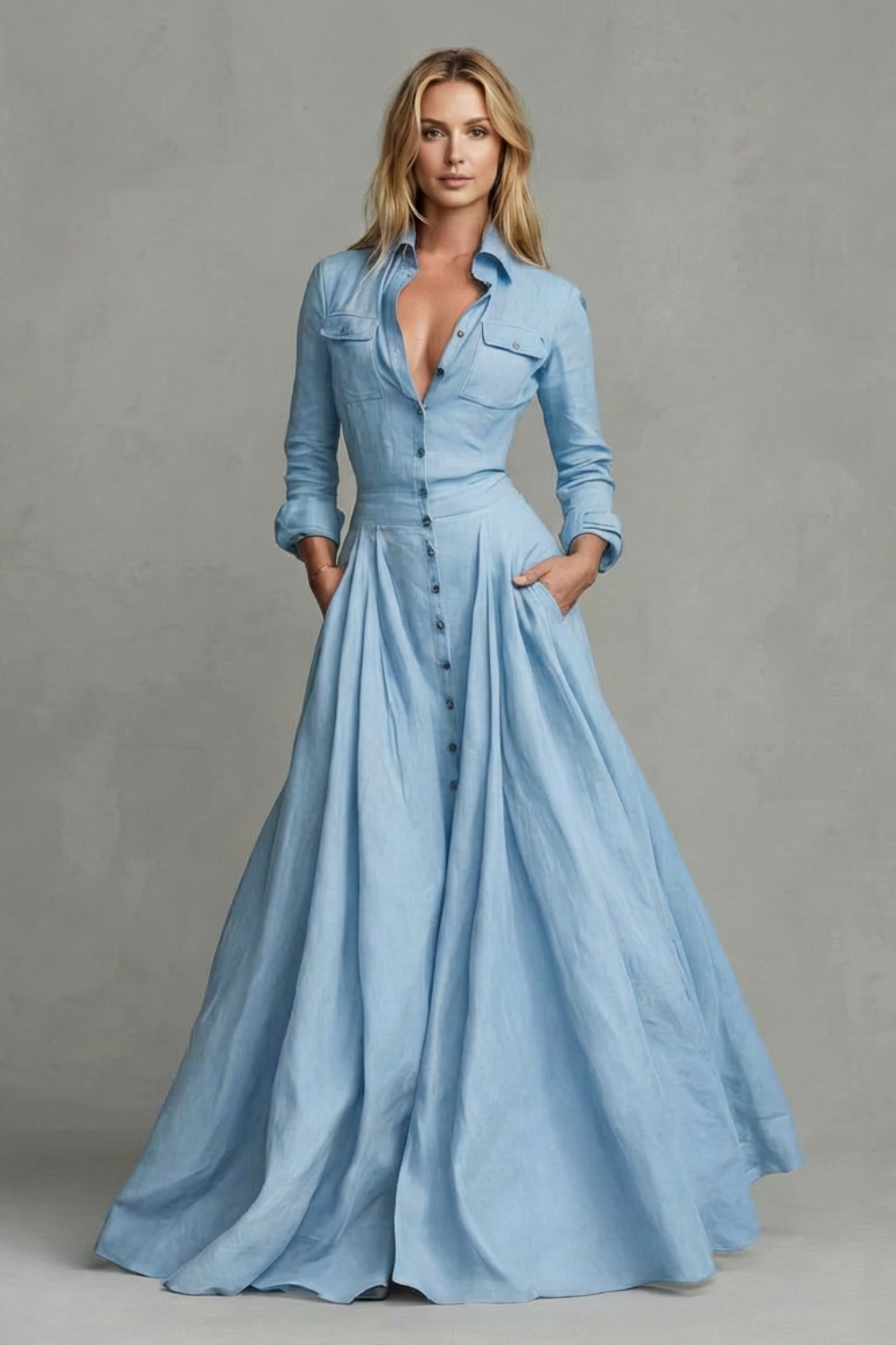 Verona – Vestido Longo com Gola e Manga Longa