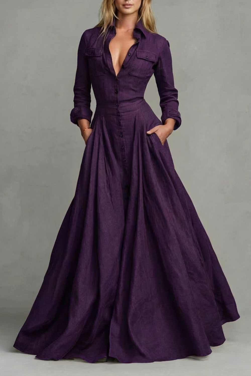 Verona – Vestido Longo com Gola e Manga Longa