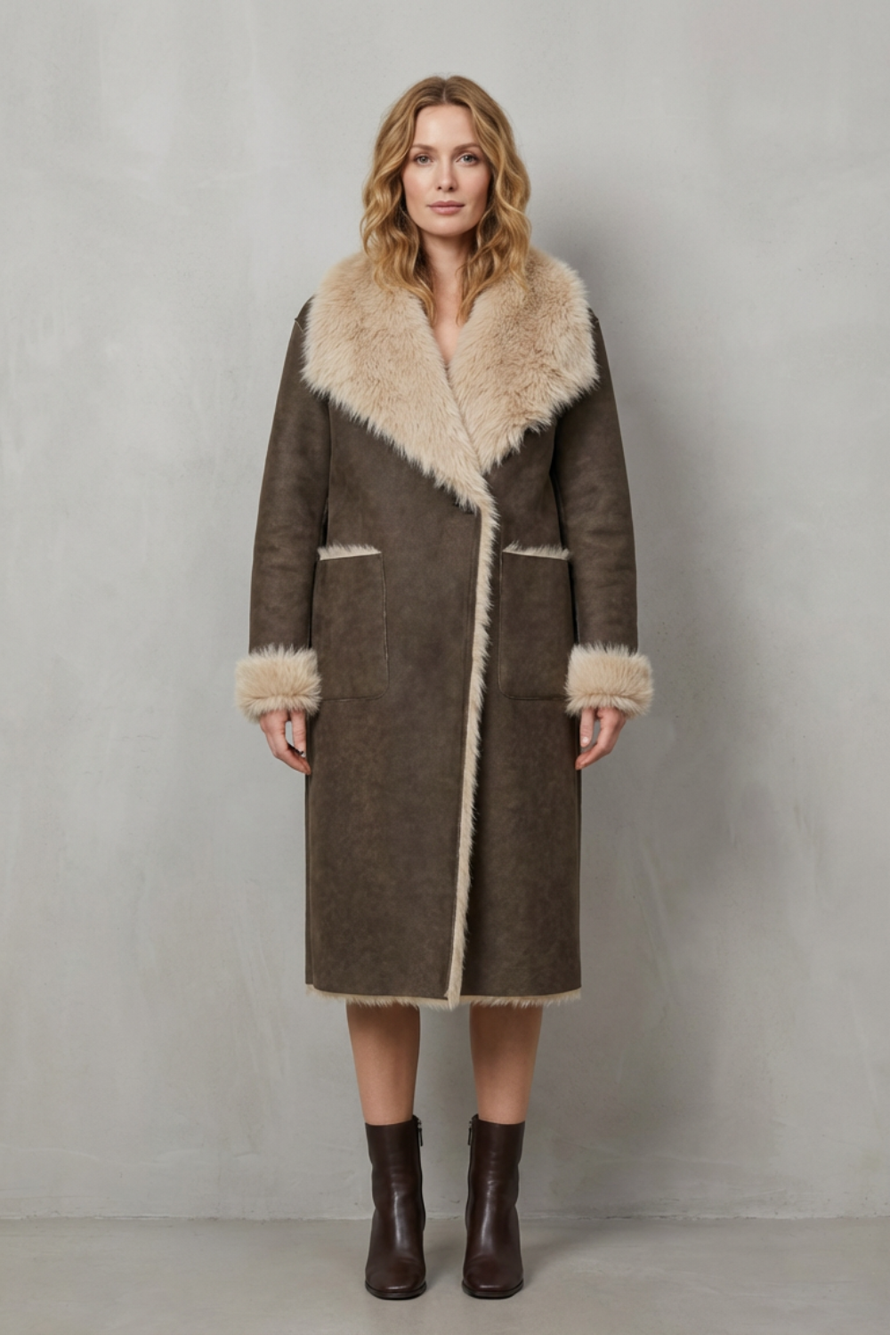 Virellia – Textura reversível – Casaco de shearling sintético
