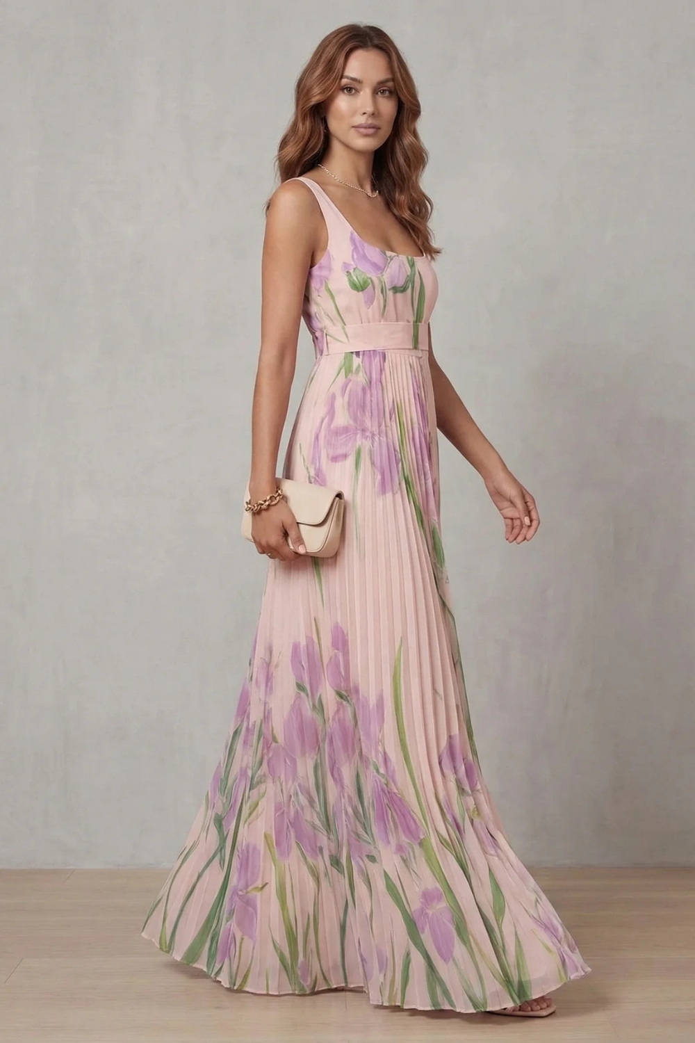 Vivienna – Floral aquarela – Vestido longo plissado
