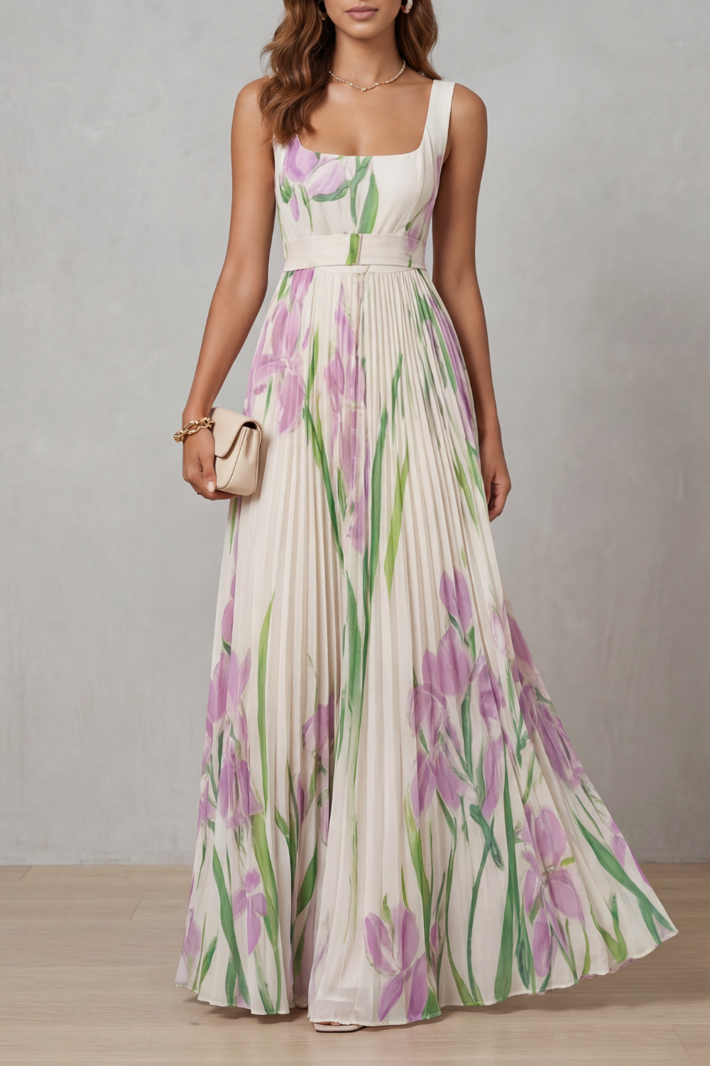 Vivienna – Floral aquarela – Vestido longo plissado
