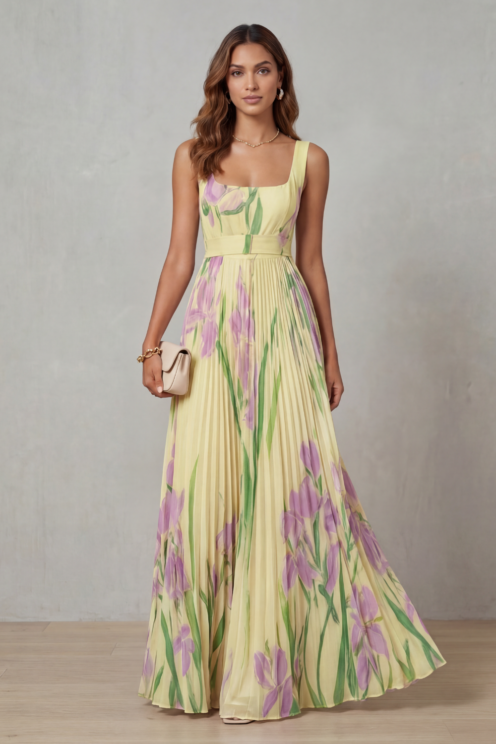Vivienna – Floral aquarela – Vestido longo plissado