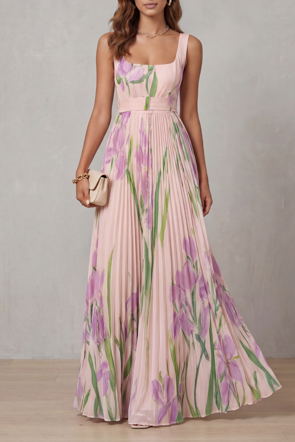 Vivienna – Floral aquarela – Vestido longo plissado