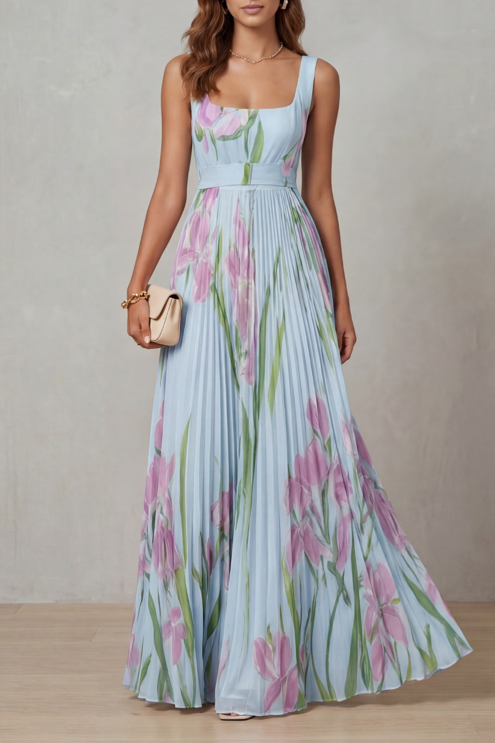Vivienna – Floral aquarela – Vestido longo plissado