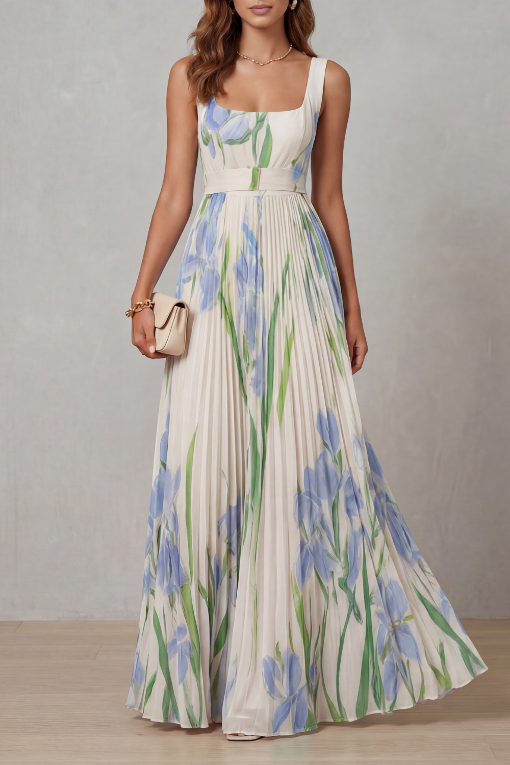 Vivienna – Floral aquarela – Vestido longo plissado