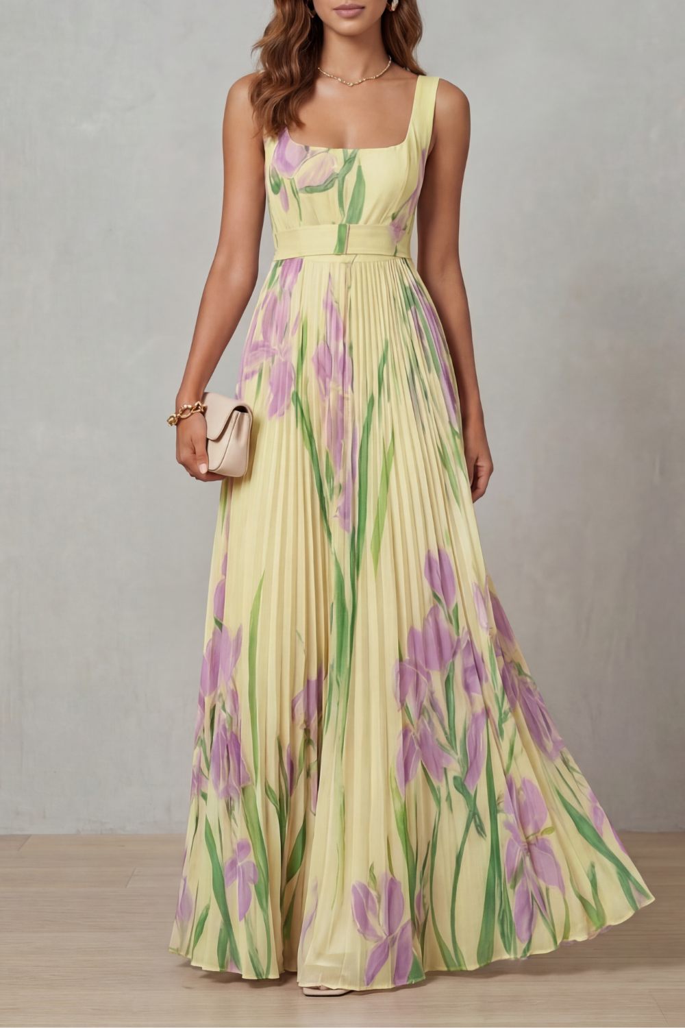Vivienna – Floral aquarela – Vestido longo plissado