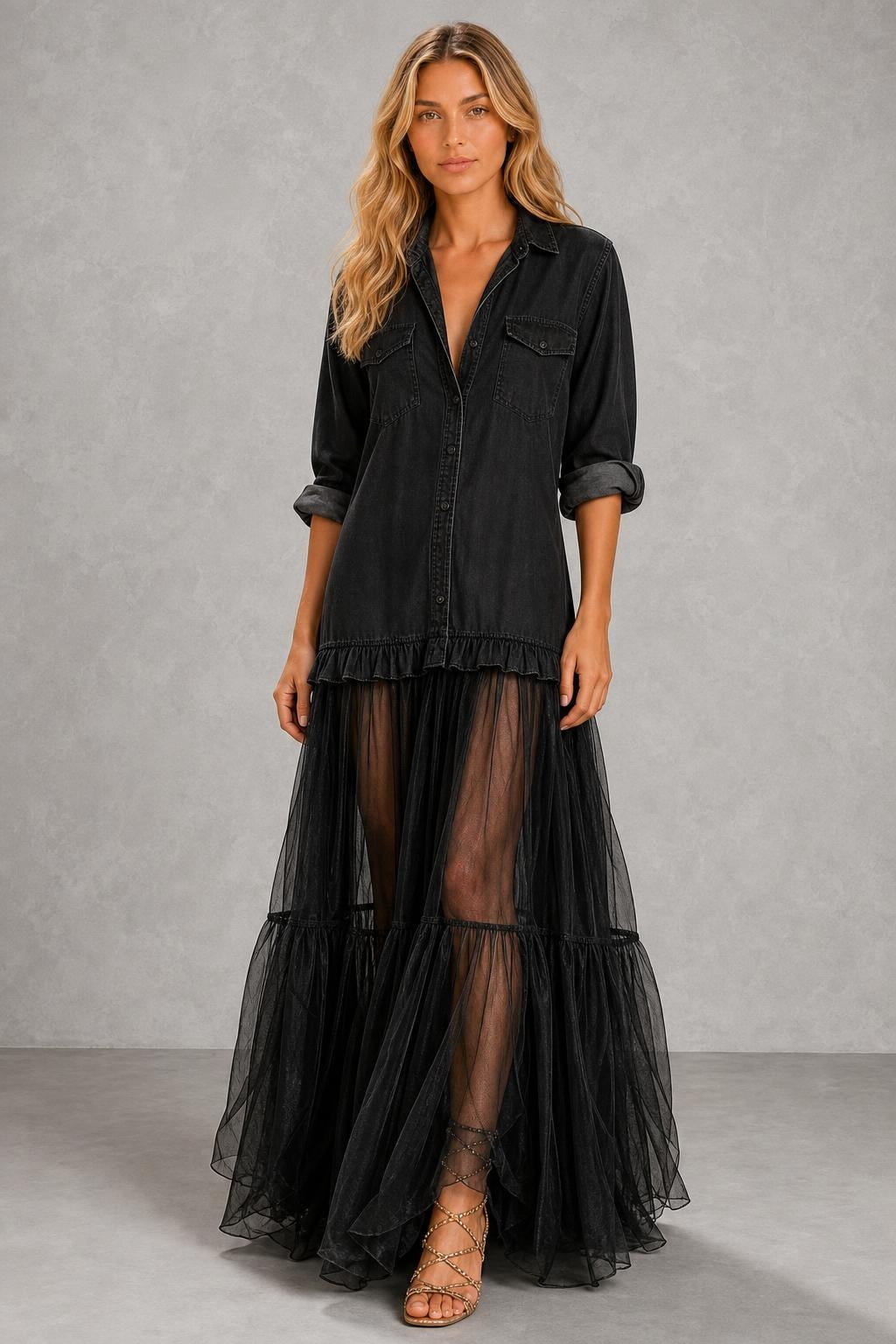Vestido Longo com Gola Camisa e Saia em Camadas - Marilene — studio_front — Sofia [f882025d-69f3-4d08-89e2-88ee67f00a2b]