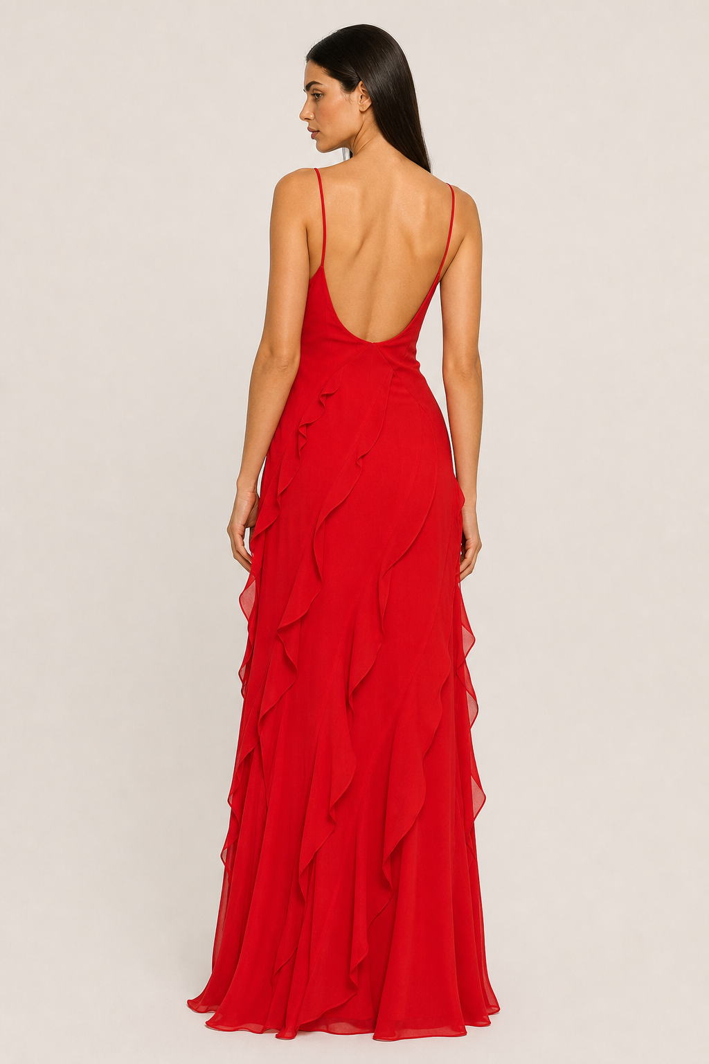 European and American Amazon Hot-Selling Chiffon Vacation Long Dress, Sexy Spaghetti Strap Backless Slit Ruffle Gown Women's Dress — studio_back — Helena [012bed44-5f75-4d6f-b4d1-e5c4eb58a34a]