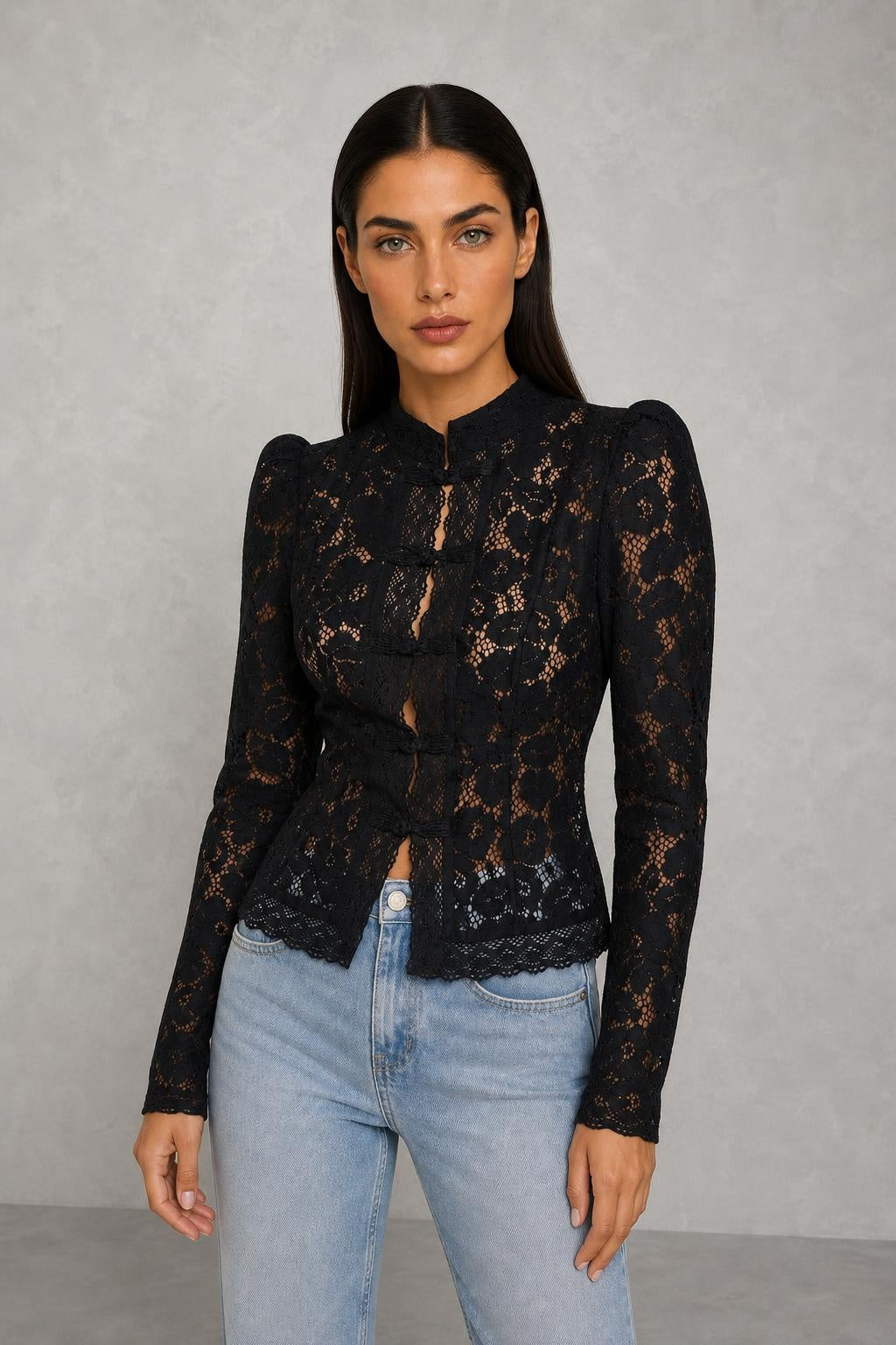 Blusa de Renda com Gola Alta e Mangas Longas - Carmenita — studio_front — Helena [d08d426f-477b-42b9-a6f2-a0c9b90dbb12]