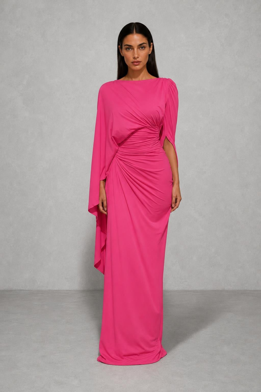 Vestido Longo Drapeado com Mangas Capa - Ornella — studio_front — Helena [829afa9d-ecaa-4833-b704-a41ce469464a]