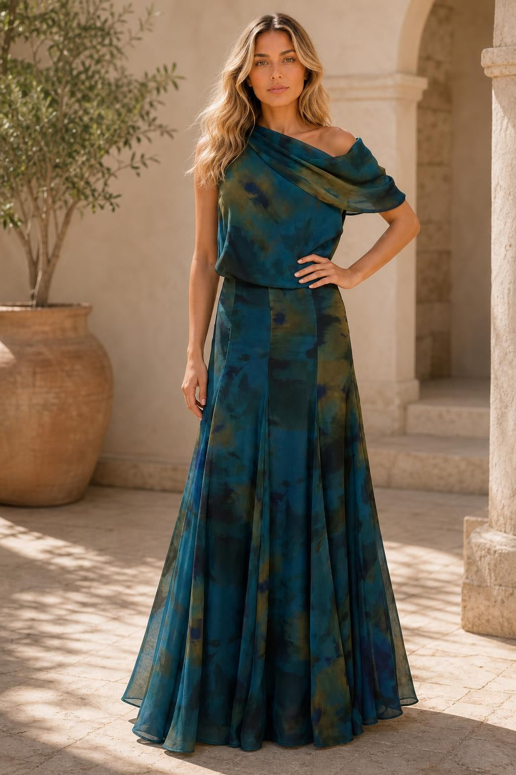 Vestido Longo Estampado com Decote Drapeado - Roselina — lifestyle — Sofia [af354a95-c9ed-4be8-9aed-97a287d6b110]