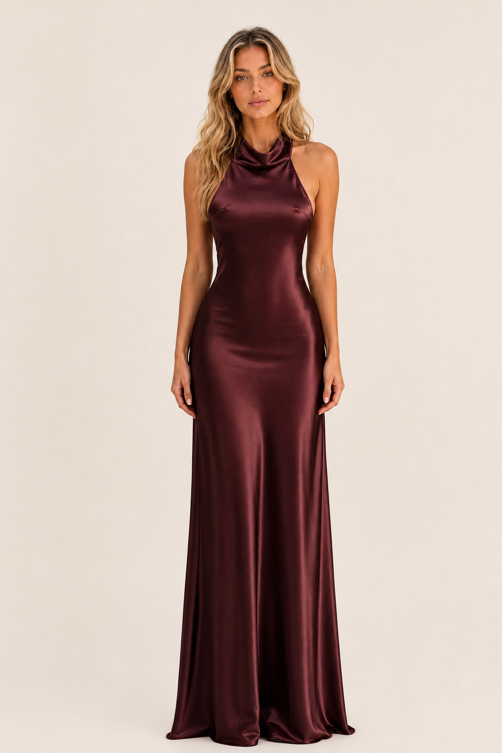 Satin Halter Neck Maxi Dress Evening Women — studio_front — Sofia [4c132f0c-0c9c-429e-a2e8-11d3d914a07a]