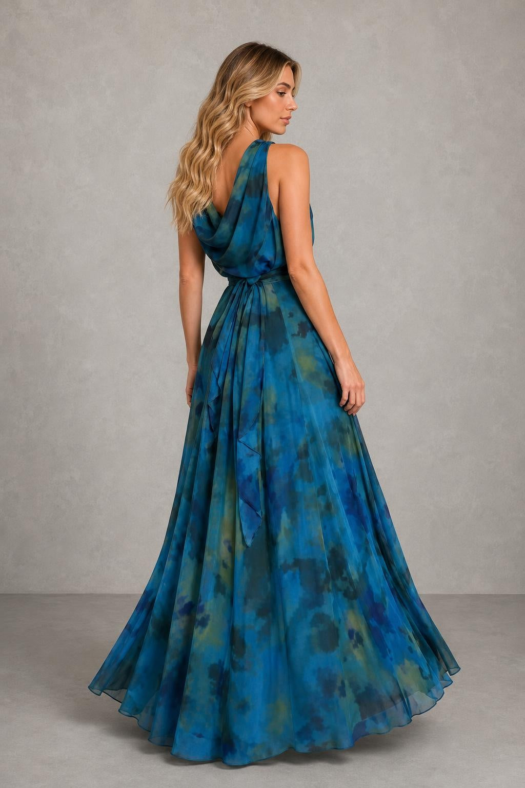 Vestido Longo Estampado com Decote Drapeado - Roselina — studio_back — Sofia [b23a8544-6f53-456e-9e60-05df078571ae]