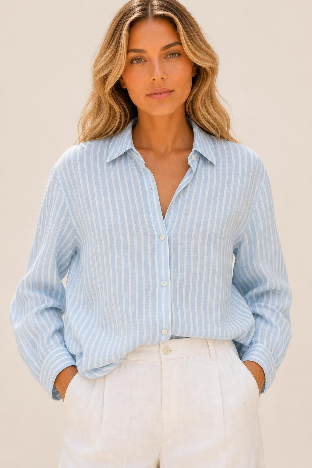 Camisa de Linho Listrada Manga Longa Gola Clássica - Antonieta — studio_closeup — Sofia [7ff86a99-6fb9-4c10-8eb1-d0d23d602eb5]