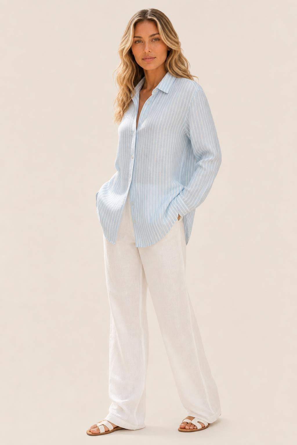 Camisa de Linho Listrada Manga Longa Gola Clássica - Antonieta — studio_three_quarter — Sofia [7b3f3a02-120a-4ee5-bb50-b22b50d7f244]
